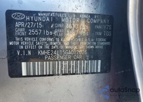 2016 Hyundai Sonata Hybrid z USA, uszkodzony, nr VIN KMHE24L15GA012026